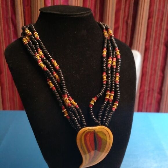 Multicolor Beaded Four Strand Necklace with Multiple colored Leaf Pendant - Picture 1 of 8